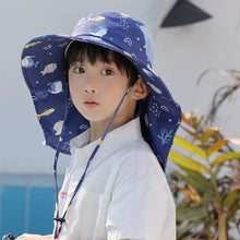 Load image into Gallery viewer, Babymoon Neck Flap Baby Boys Girls Kids Cartoon Summer Cap with Whistle and Adjustable Chin Strap Sun Beach Hat | Fish Blue | 4-8 Year
