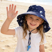 Load image into Gallery viewer, Babymoon Neck Flap Baby Boys Girls Kids Cartoon Summer Cap with Whistle and Adjustable Chin Strap Sun Beach Hat | Fish Blue | 4-8 Year
