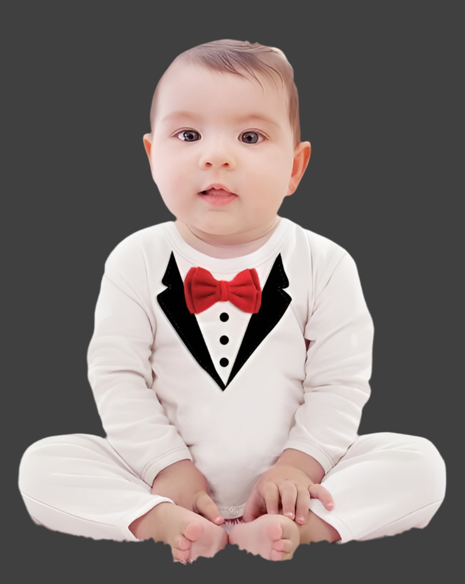 Babymoon Gentleman Suit Romper | Baby Photoshoot Props | Birthday Party Costume | White | 9-12 Months
