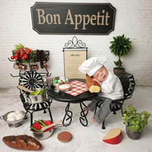 Load image into Gallery viewer, Babymoon Set of 3 | Baby Chef Coat with Hat and Pant | Baker MasterChef Baby Photoshoot Props | Chef Theme | 0-3 Months
