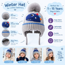 Load image into Gallery viewer, Babymoon Baby Dinosaur Design Cap with String Winter Kids Hat Boys Girls Caps | Grey | 1-15 Years
