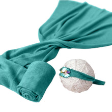 Load image into Gallery viewer, Babymoon Textured Stretchable Baby Photography Shoot Wrap Cloth With Hairband - Blue
