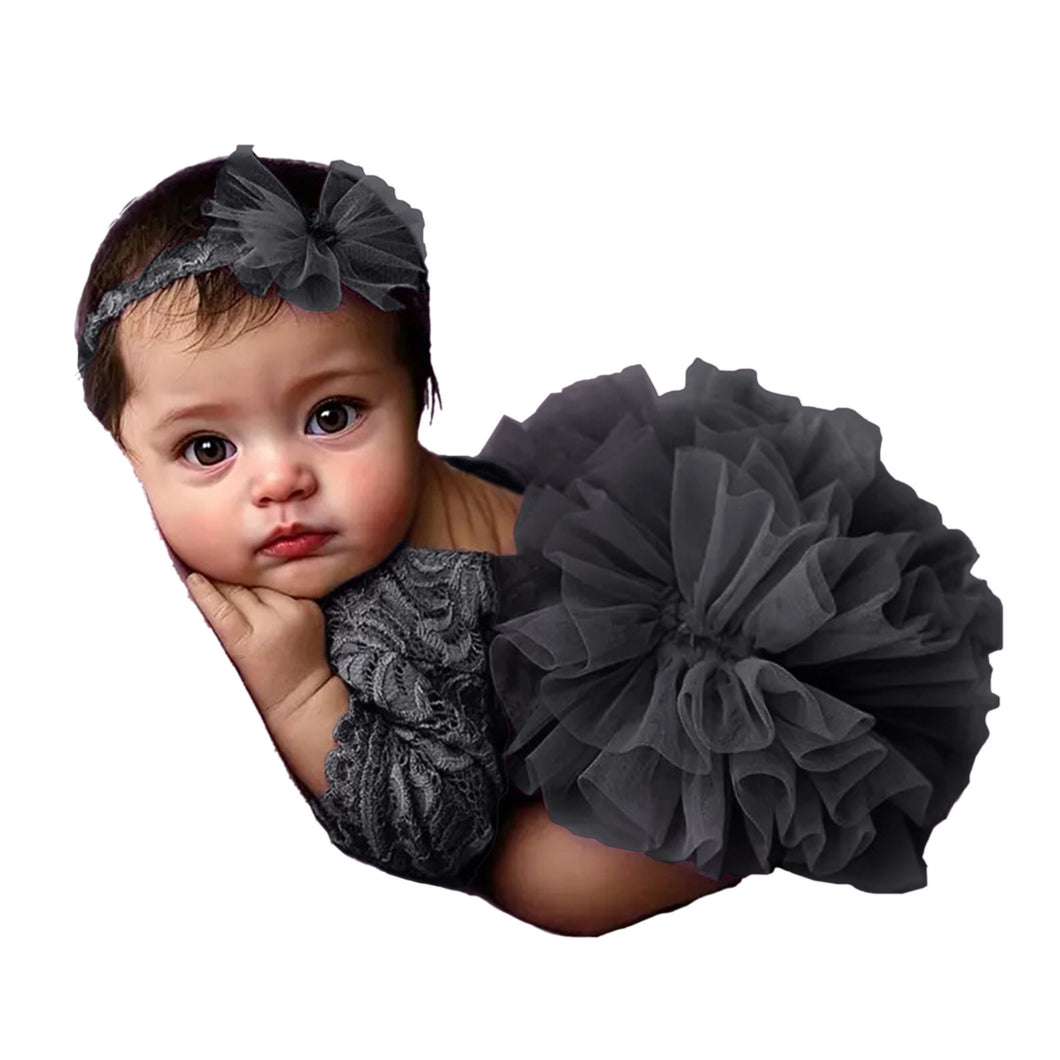 Babymoon Set of 2 | Fluffy Romper & Hairband | Baby Photoshoot Props Costumes | Black | 0-1 Month