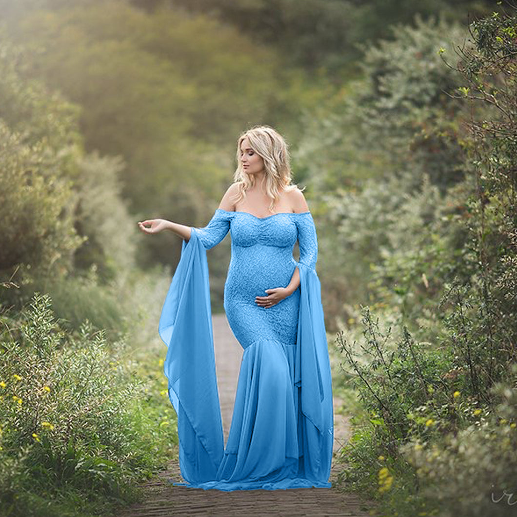 Babymoon Stretchable Off Shoulder Dropping Sleeve Maternity Gown Dress | Blue