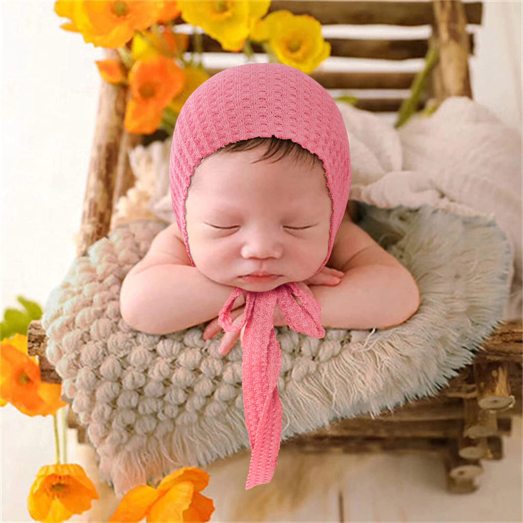 Babymoon Waffle Beanie Cap with String | Baby Photography Props | Pink