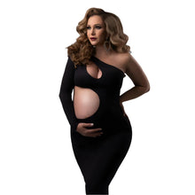 Load image into Gallery viewer, Babymoon Stretchable One Shoulder Babybump Revealing Maternity Gown Dress | Black
