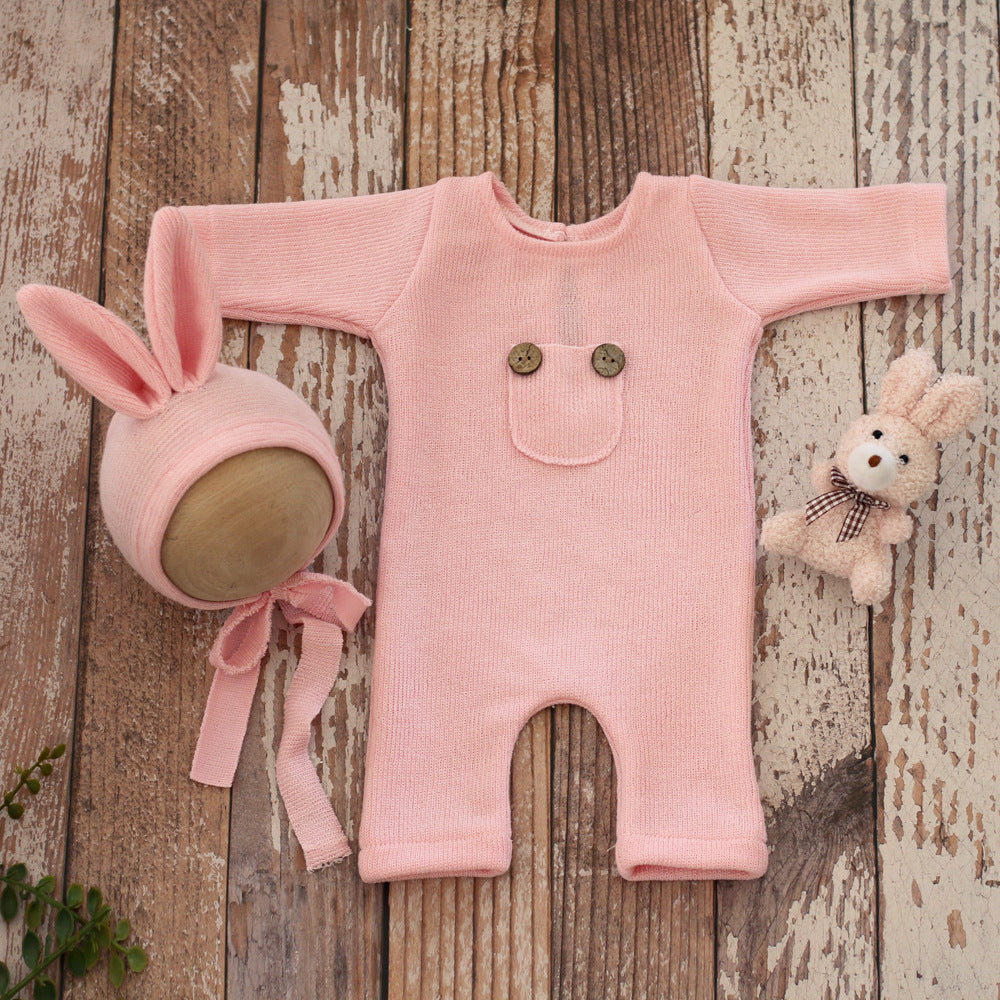 Babymoon Set of 3 | Rabbit Theme Cap, Bodysuit, Doll | Baby Photography Props | Pink
