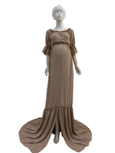 Load image into Gallery viewer, Babymoon Puff Sleeve Front Slit Maternity Gown Dress | Beige
