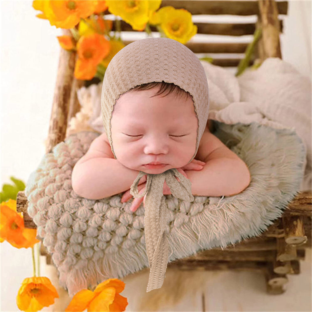 Babymoon Waffle Beanie Cap with String | Baby Photography Props | Beige