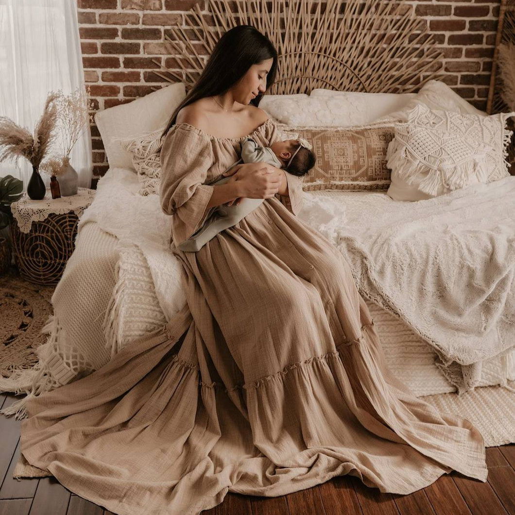 Babymoon Puff Sleeve Front Slit Maternity Gown Dress | Beige