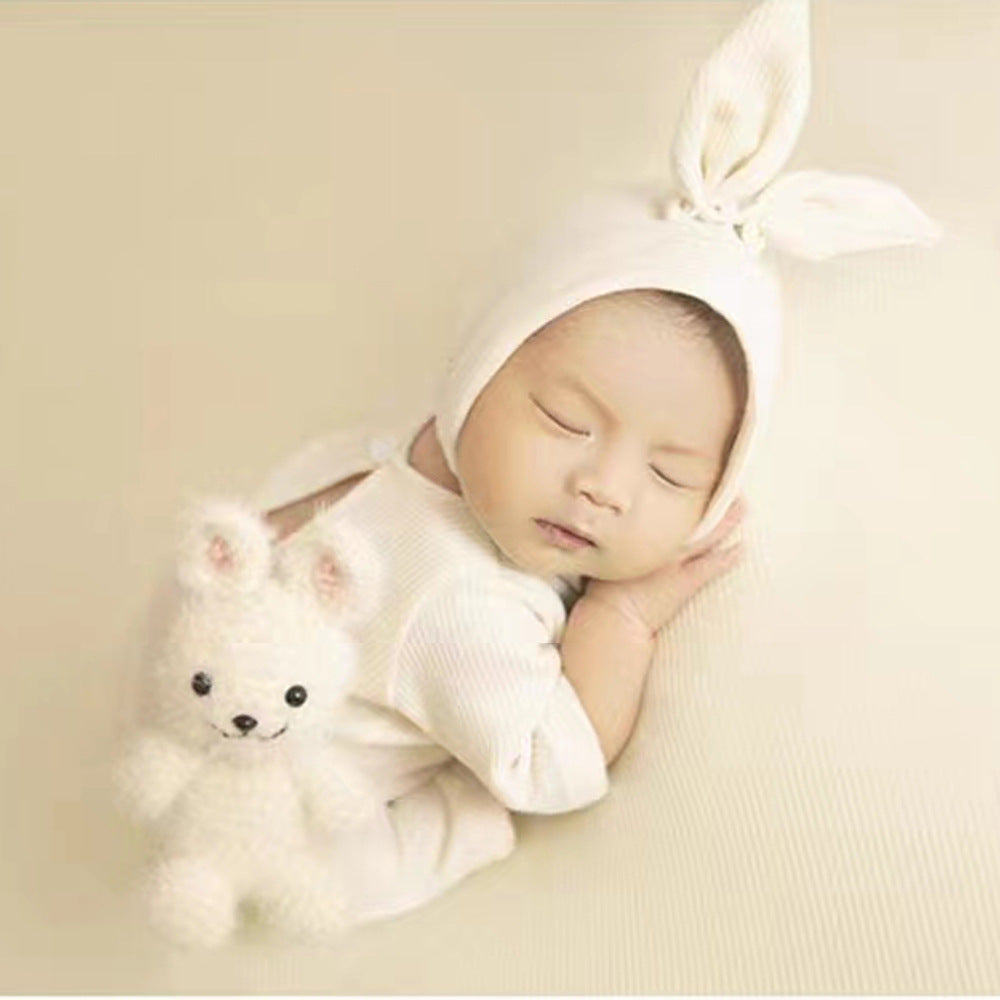 Babymoon Set of 3 | Rabbit Theme Cap, Bodysuit, Doll | Baby Photography Props | White
