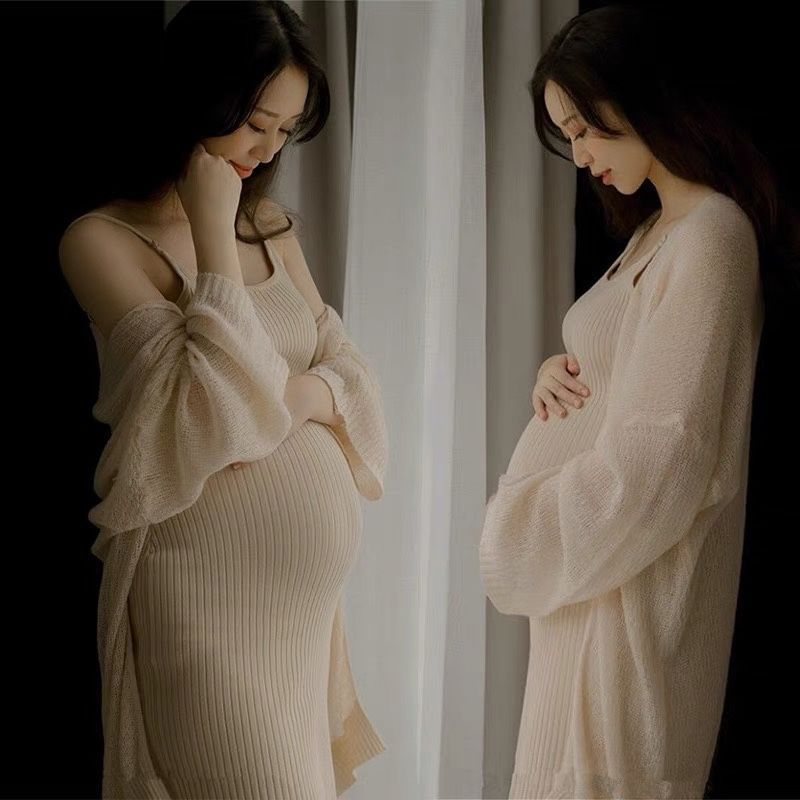 Babymoon Stretchable Knee Length Bodycon Dress with Knitted Shrug Maternity Gown | Size L |Beige