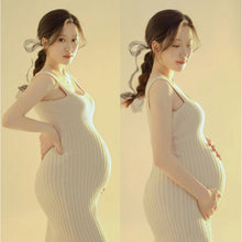 Load image into Gallery viewer, Babymoon Stretchable Knee Length Bodycon Dress with Knitted Shrug Maternity Gown | Size L |Beige
