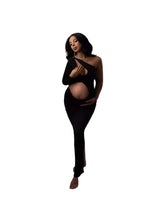 Load image into Gallery viewer, Babymoon Stretchable One Shoulder Babybump Revealing Maternity Gown Dress | Black
