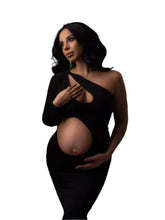 Load image into Gallery viewer, Babymoon Stretchable One Shoulder Babybump Revealing Maternity Gown Dress | Black
