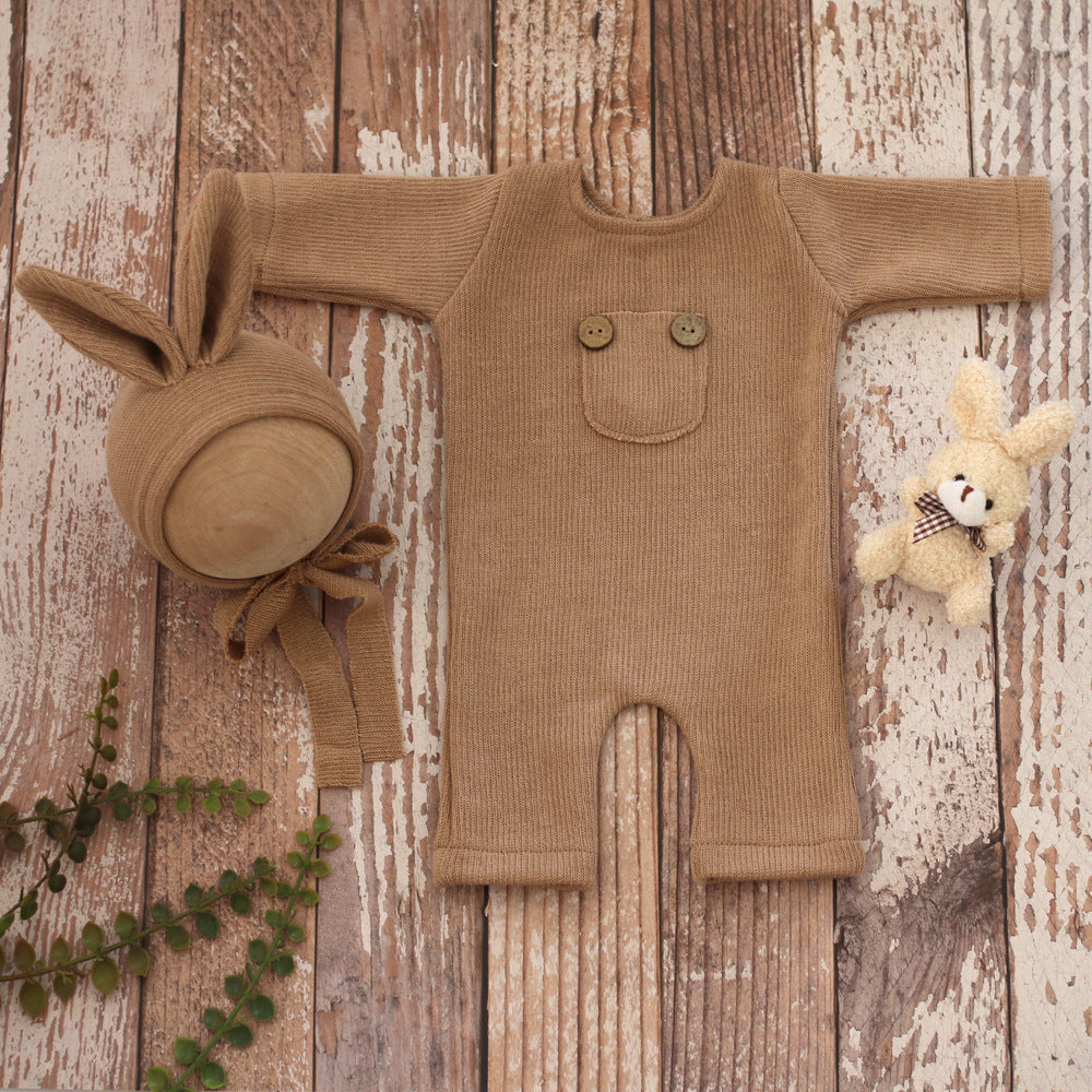 Babymoon Set of 3 | Rabbit Theme Cap, Bodysuit, Doll | Baby Photography Props | Brown