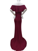Load image into Gallery viewer, Babymoon Off Shoulder Ruffle Neck Stretchable Maternity Gown Dress | Maroon
