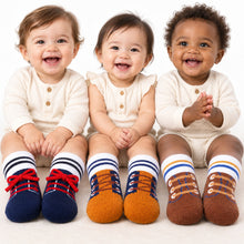 Load image into Gallery viewer, Babymoon Set of 3 | Non-Skid, Anti Slip Baby Socks Gift Box | Safety Protector | 0-9M | Coffee

