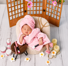 Load image into Gallery viewer, Babymoon Spa Bathrobe &amp; Towel Set Newborn Photography Costume | Baby Gift Set | Pink
