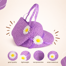 Load image into Gallery viewer, Babymoon Set of 2 | Baby Girls Summer Sunflower Straw Kids Sun Hat with Sling Purse Handbag | Beach Hat | 2-6 Years | Purple
