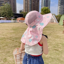 Load image into Gallery viewer, Babymoon Neck Flap Baby Boys Girls Kids Cartoon Summer Cap with Whistle and Adjustable Chin Strap Sun Beach Hat | Rabbit Pink | 4-8 Year
