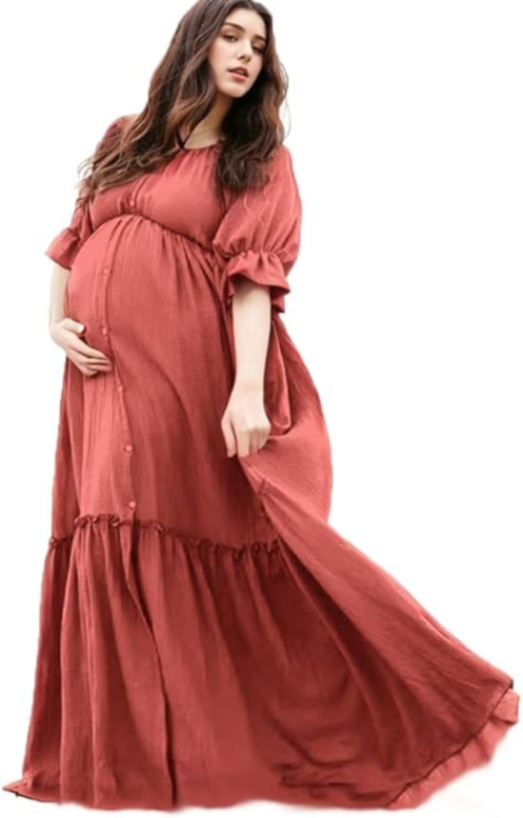 Babymoon Puff Sleeve Front Slit Maternity Gown Dress | Pink Carnation