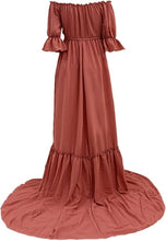 Load image into Gallery viewer, Babymoon Puff Sleeve Front Slit Maternity Gown Dress | Pink Carnation
