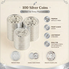 Load image into Gallery viewer, Babymoon 100pcs Silver Pirate Treasure Coins (3.2cm) for Baby Photoshoot Props, Kids | Decorative Add-ons
