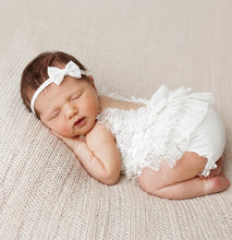 Load image into Gallery viewer, Babymoon Set of 2 | Baby Lace Ruffle Romper Dress with Matching Headband | Baby Photoshoot Props | 0-1 Month
