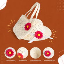 Load image into Gallery viewer, Babymoon Set of 2 | Baby Girls Summer Sunflower Straw Kids Sun Hat with Sling Purse Handbag | Beach Hat | 2-6 Years | White
