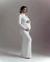 Load image into Gallery viewer, Babymoon Strechable High Neck Full Sleeve Maternity Gown Dress | White
