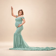 Load image into Gallery viewer, Babymoon Off Shoulder Long Tail Maternity Gown Dress - Green
