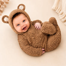 Load image into Gallery viewer, Babymoon Set of 2 | Fleece Suit with Infant Baby Bear Cap Hat | Baby Photography Props Costume | Baby Gift Set | 0-3 Months | Brown
