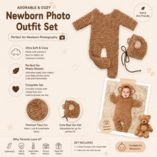 Load image into Gallery viewer, Babymoon Set of 2 | Fleece Suit with Infant Baby Bear Cap Hat | Baby Photography Props Costume | Baby Gift Set | 0-3 Months | Brown
