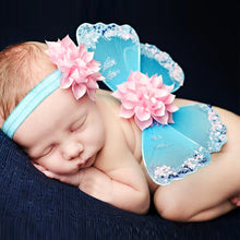 Load image into Gallery viewer, Babymoon Butterfly Fairy Angel Costumes Baby Wings Photography Props with Hairband | Baby Gift Set | Set of 2 | Blue
