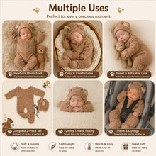Load image into Gallery viewer, Babymoon Set of 2 | Fleece Suit with Infant Baby Bear Cap Hat | Baby Photography Props Costume | Baby Gift Set | 0-3 Months | Brown
