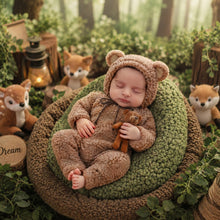 Load image into Gallery viewer, Babymoon Set of 2 | Fleece Suit with Infant Baby Bear Cap Hat | Baby Photography Props Costume | Baby Gift Set | 0-3 Months | Brown
