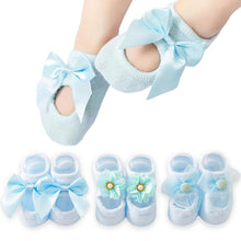 Load image into Gallery viewer, Babymoon Set of 3 | Non-Skid, Anti Slip Pearl Bow Flower Baby Socks Gift Box | Safety Protector | 0-12M | Blue
