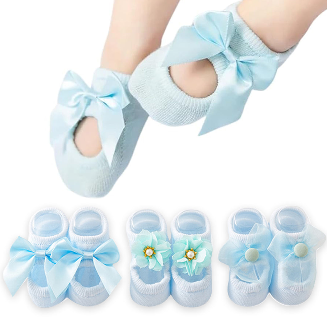 Babymoon Set of 3 | Non-Skid, Anti Slip Pearl Bow Flower Baby Socks Gift Box | Safety Protector | 0-12M | Blue