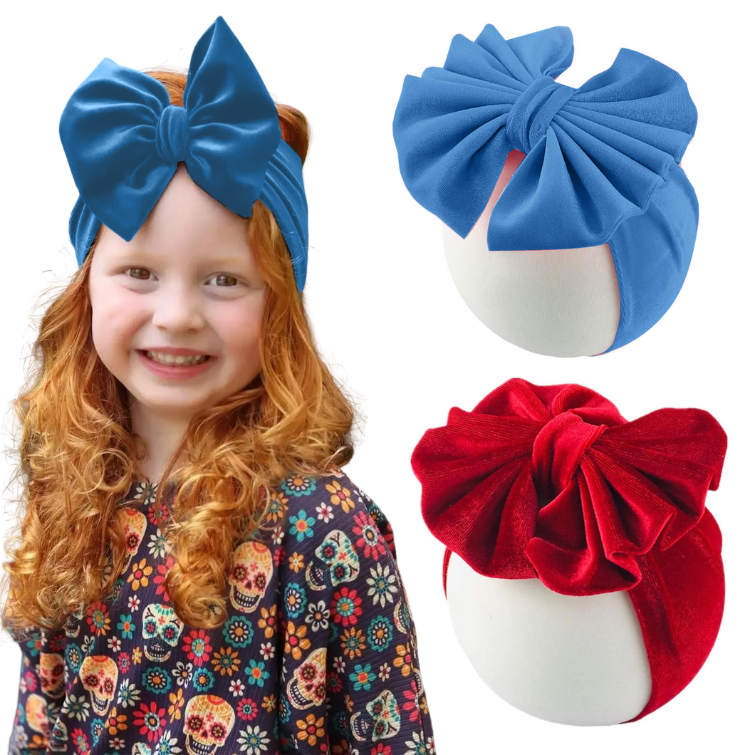 Babymoon Stretchable Velvet Bow Hairband for Baby Girl Hair Accessories for Girls Baby Headband for Girls | 0-5 Years | Red-Blue