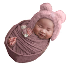 Load image into Gallery viewer, Babymoon Set of 3 | Bonnet, Wrap n Bear Teddy New Born | Baby Photography Props | Costumes | Purple
