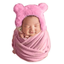 Load image into Gallery viewer, Babymoon Set of 3 | Bonnet, Wrap n Bear Teddy New Born | Baby Photography Props | Costumes | Pink
