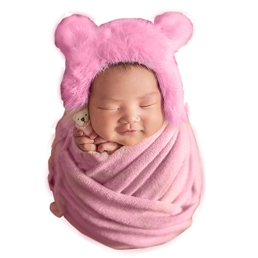 Babymoon Set of 3 | Bonnet, Wrap n Bear Teddy New Born | Baby Photography Props | Costumes | Pink