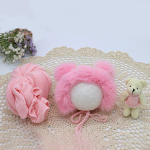 Load image into Gallery viewer, Babymoon Set of 3 | Bonnet, Wrap n Bear Teddy New Born | Baby Photography Props | Costumes | Pink
