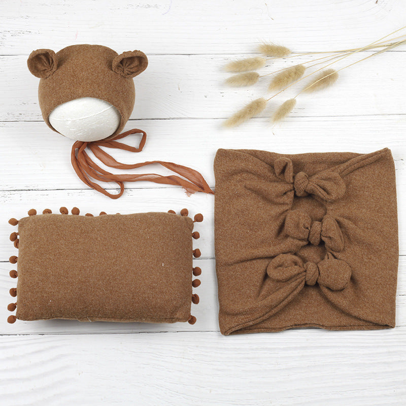 Babymoon | Set Of 3 | Butterfly Ready Wrap, Pillow & Cap Baby Photography Props | Dark Brown