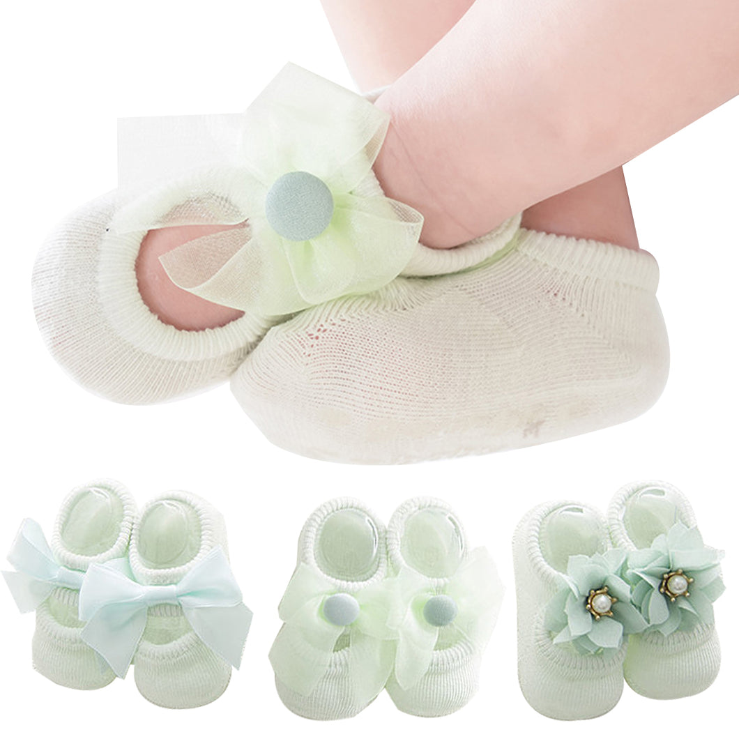 Babymoon Set of 3 | Non-Skid, Anti Slip Pearl Bow Flower Baby Socks Gift Box | Safety Protector | 0-12M | Green