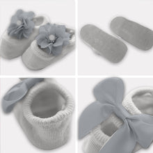 Load image into Gallery viewer, Babymoon Set of 3 | Non-Skid, Anti Slip Pearl Bow Flower Baby Socks Gift Box | Safety Protector | 0-12M | Grey
