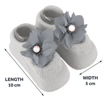 Load image into Gallery viewer, Babymoon Set of 3 | Non-Skid, Anti Slip Pearl Bow Flower Baby Socks Gift Box | Safety Protector | 0-12M | Grey
