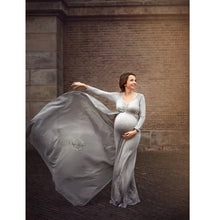 Load image into Gallery viewer, Babymoon Full Sleeve Long Tail Maternity Gown Dress | Grey
