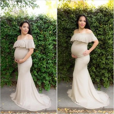 Babymoon Off Shoulder Ruffle Neck Stretchable Maternity Gown Dress | Beige